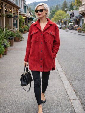 Old Navy Red Sherpa Shacket Coat Jacket Womens Small Teddy Fleece Oversized